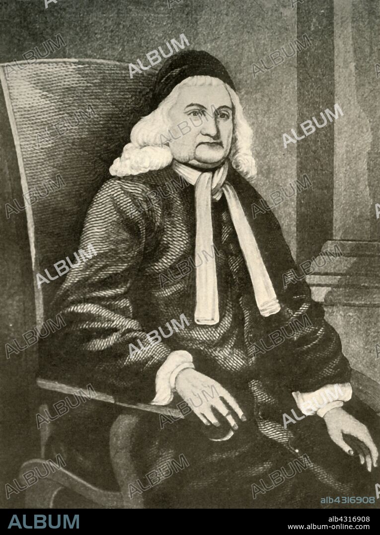 'Portrait of Samuel Sewall, Governor and Judge of Massachusetts Colony, showing the periwig and long coat of the reign of James II', c1700-1720, (1937). Samuel Sewall (1652-1730), judge and businessman in the Province of Massachusetts Bay, known for his involvement in the Salem witch trials. From "History of American Costume - Book One 1607-1800", by Elisabeth McClellan. [Tudor Publishing Company, New York, 1937].