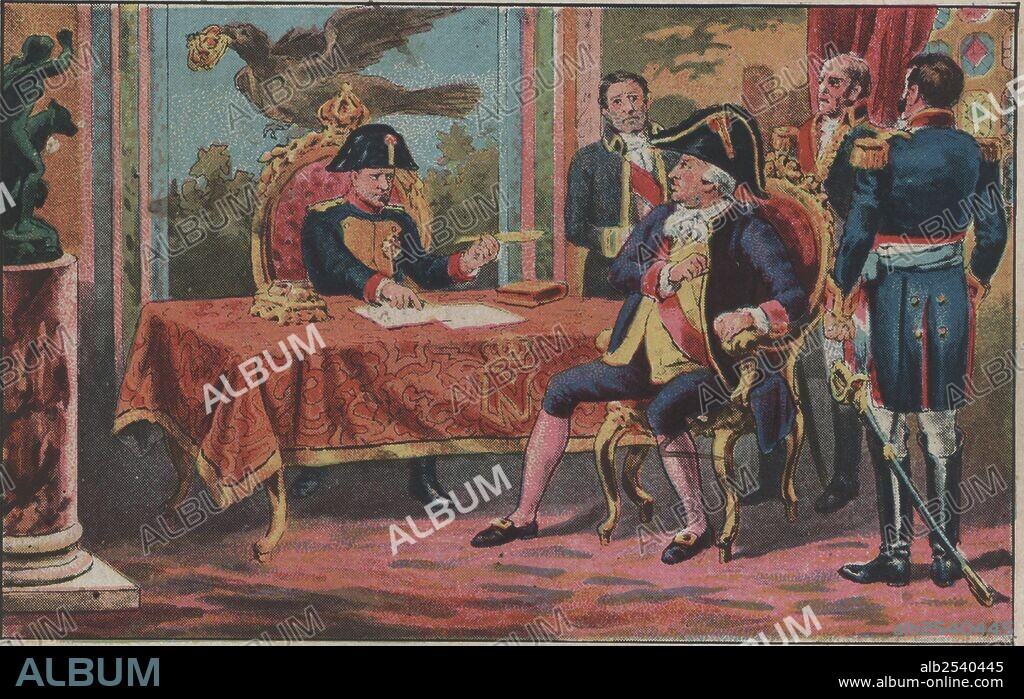 Guerra de la independencia. Año 1808. Encuentro en Bayona entre el emperador de Francia Napoleón y Carlos IV, rey de España.