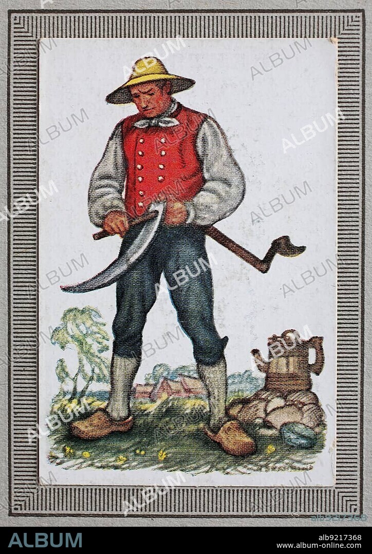 Traditional costumes in Germany in the 19th century, Lower Saxony and Westphalia area, Osnabrück, man, farmer, reaper with scythe from the Artland, historical, digitally restored reproduction from a collector's picture from ca 1910.