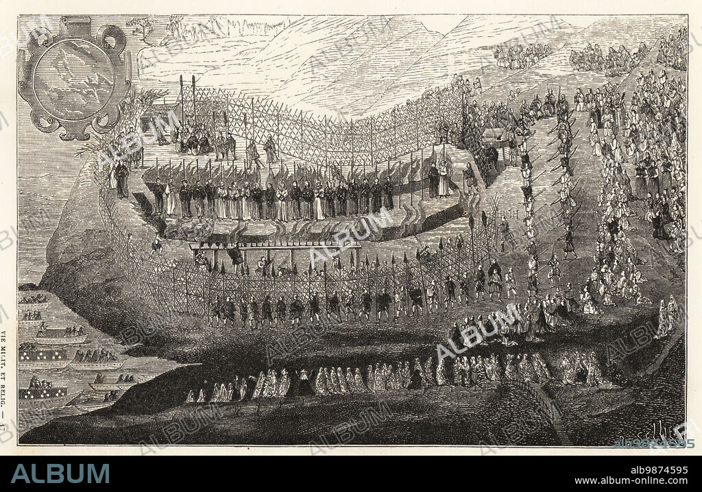 The martyrdom of 26 missionaries and Japanese Christians burnt at the stake, and 30 women and children decapitated, in Nagasaki, Japan, 10 Sept. 1622. Grand martyre de Nangasaki dans lequel 26 missionnaires et chretiens indigenes souffrirent la supplice de la combustion. Woodcut by P. Sellier from Paul Lacroixs La Vie Militaire et Religieuse au Moyen Age et a lEpoque de la Renaissance, Military and Religious Life in the Middle Ages and the Renaissance, Paris, 1873.