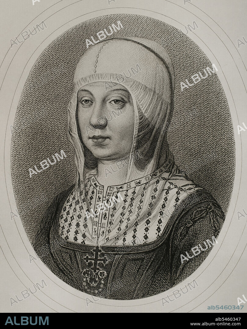 ANTOINE MASSON (1636-1700). FRENCH ARTIST.. Isabel I de Castilla (1451-1504). Reina de Castilla (1474-1504). Esposa de Fernando II de Aragón. Retrato. Grabado por Masson. Litografiado por Magín Pujadas. Historia General de España, por Modesto Lafuente. Tomo II. Editada en Barcelona, 1879.