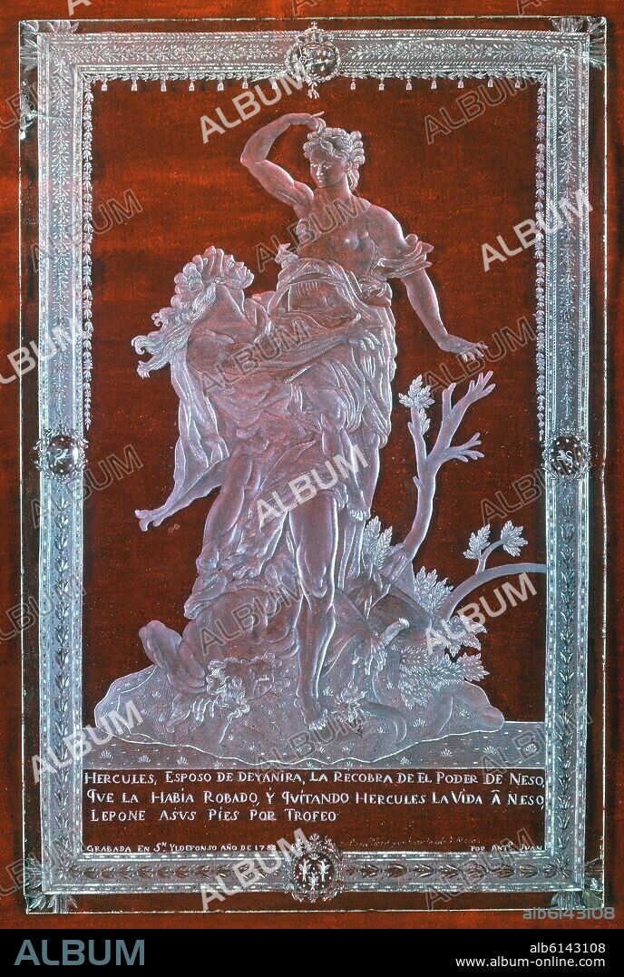 VIDRIO DE LA GRANJA:HERCULES Y DEYANIRA-PLACA GRABADA EN 1788 EN S ILDEFONSO.