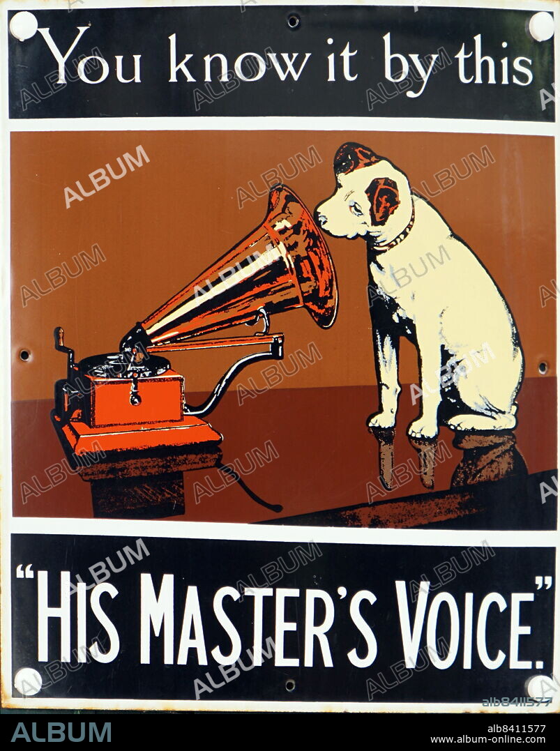 Advertisement for His Master's Voice (HMV) was the name of a major British record label created in 1901 by The Gramophone Co. Ltd. The phrase was coined in the late 1890s as the title of a painting depicting a terrier-mix dog named Nipper listening to a wind-up disc gramophone and tilting his head.