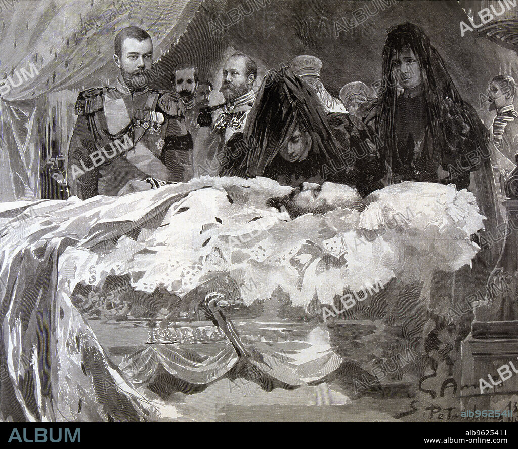 GENNARO AMATO. Death of Tsar Alexander III, Nov 1894. Nicholas II and the Imperial family before the body of Alexander III as he lies in state in St Petersburg.