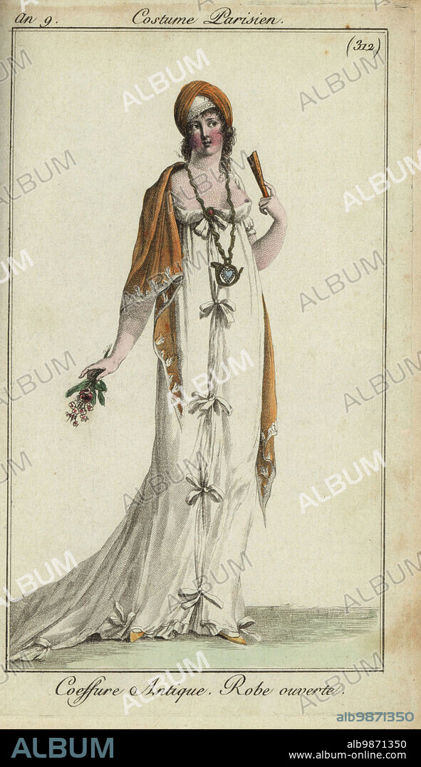 Fashionable woman or Merveilleuse in low-cut dress, 1801. She wears a classical hairdress, large necklace with heart, shawl, and bosom-revealing open dress tied with bows. She holds a fan and bouquet of flowers. Coeffure Antique. Robe ouverte. Handcoloured copperplate engraving from Pierre de la Mesangeres Journal des Modes et Dames, Paris, 1801. The illustrations in volume 4 were by Carle Vernet, Bosio, Dutailly and Philibert Louis Debucourt.