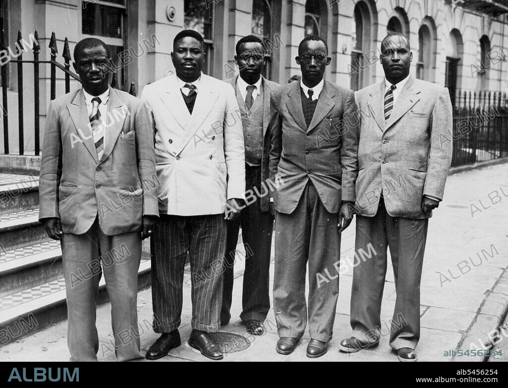 Chief Sabu Sultan of Mluguru, Liwali Paul Norbert of Mtamil, Sylvanus Kaaya chief of the Neru, Leukuti Siefania Sumley Mollel chief of Arusha, and Amri Dodo chief of Gorowa.Five Tanganyikan Chiefs arrived in London for a six weeks tour of the United Kingdom, arranged by the British Council. August 25, 1954. (Photo by Daily Mail Contract Picture).