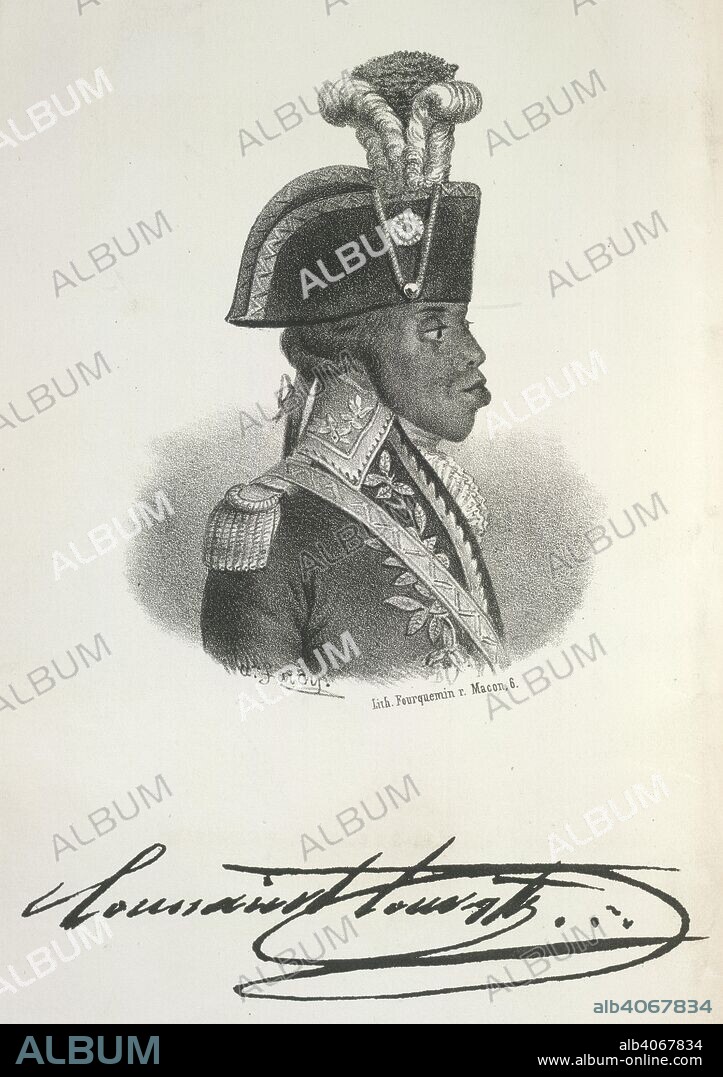 Toussaint Louverture. (1746-1803). Haitian revolutionary leader. Vie de Toussaint-L'Ouverture. Paris, 1850. Toussaint Louverture (1746-1803). Haitian revolutionary leader. Born a slave, he became a general in the French army but after driving out the British and Spanish expeditions, he took control of the island. Napoleon sent an expedition to restore restore control and the re-establishment of slavery. He was treacherously seized from a meeting, imprisoned and died of neglect in prison. Portrait. Source: 10880.e.42, frontispiece. Language: French.