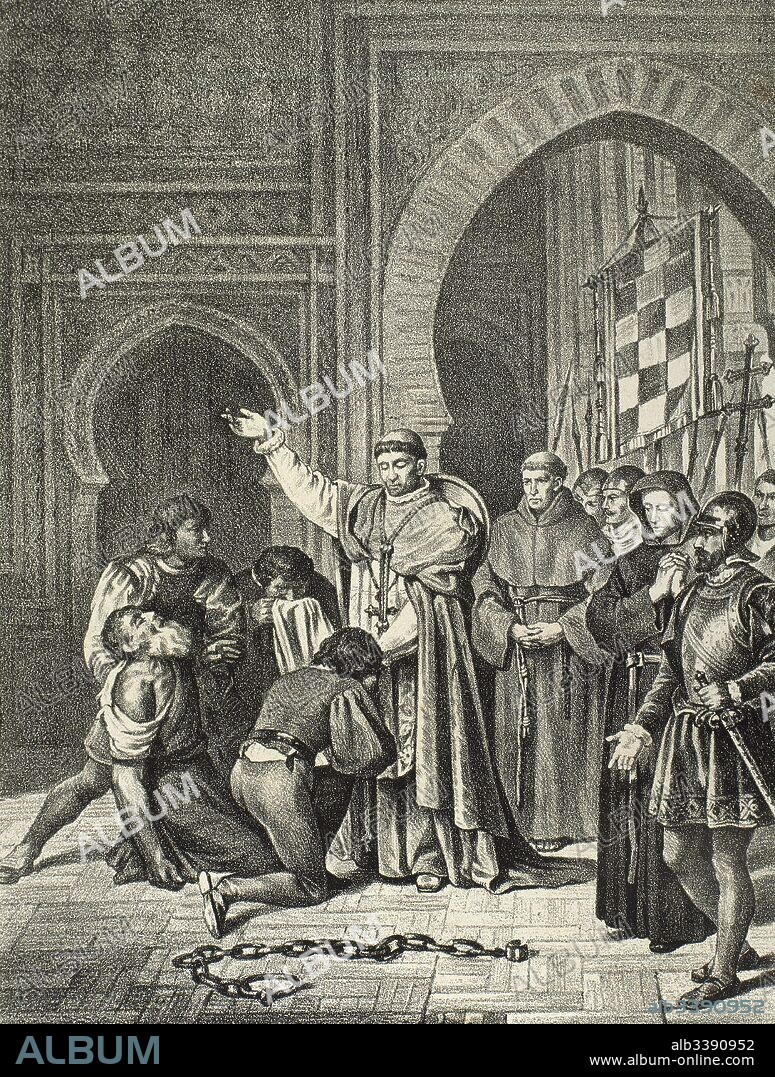 Historia de España. Conquista de Orán. Las tropas españolas tomaron la ciudad argelina de Orán el 17 de mayo de 1509. En ella se refugiaban los moriscos, que estaban asolando el Mediterráneo. El Cardenal Cisneros (1436-1517) financió la expedición, contando con el apoyo de Fernando el Católico. Grabado del siglo XIX.