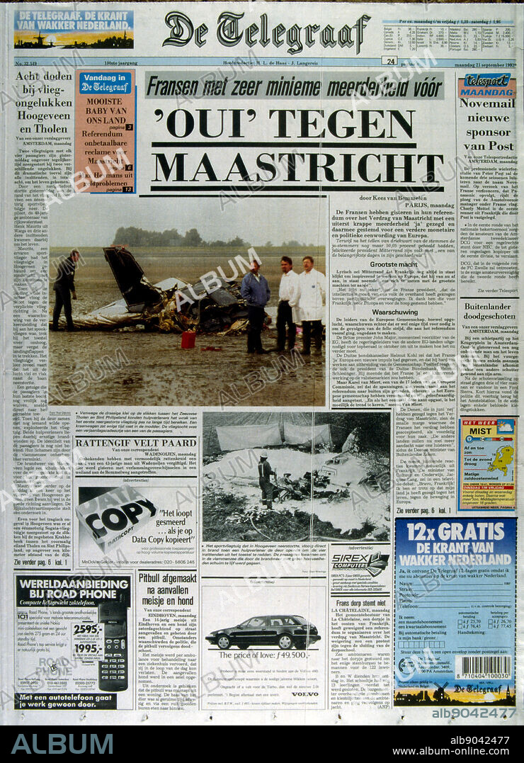 Cover of the Dutch newspaper 'De Telegraaf' concerning the referendum on the Maastricht Treaty, held in France, in September 1992. It was approved by only 51% of the voters. The result of the referendum, known as the ""petit oui"", along with the Danish ""No"" vote are considered to be signals of the end of the ""permissive consensus"" on European integration which had existed in most of continental Europe until then. From this point forward issues relating to European integration were subject to much greater scrutiny across much of Europe, and overt euro scepticism gained prominence. Only France, Ireland and Denmark held referendums on Maastricht ratification.".