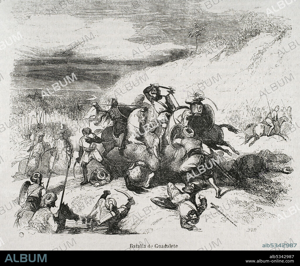 Batalla de Guadalete (19 al 26 de julio de 711). El rey visigodo Rodrigo fue derrotado por las tropas islámicas del Califato Omeya lideradas por Táriq ibn Ziyad. Grabado. Historia General de España por el padre Mariana. Madrid, 1852.