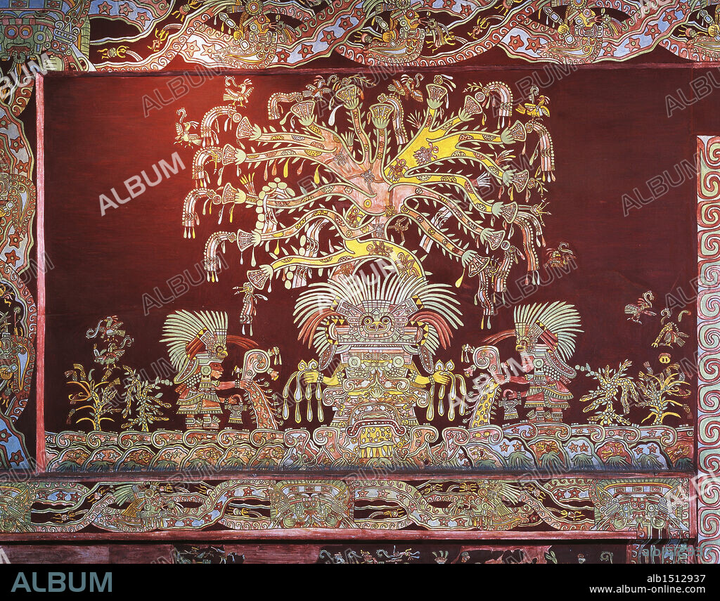 Mexico - Pre-Columbian civilization of Teotihuacan. Reconstruction of a mural painting depicting a deity, from Teotihuacan archaeological area.