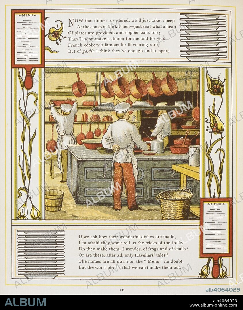 THOMAS CRANE and ELLEN HOUGHTON. Cooks in the kitchen of a hotel. Colour Illustration from â€˜Abroadâ€™. Abroad. Marcus Ward & Co.: London, 1882. Source: 12810.d.28 page 26. Language: English.