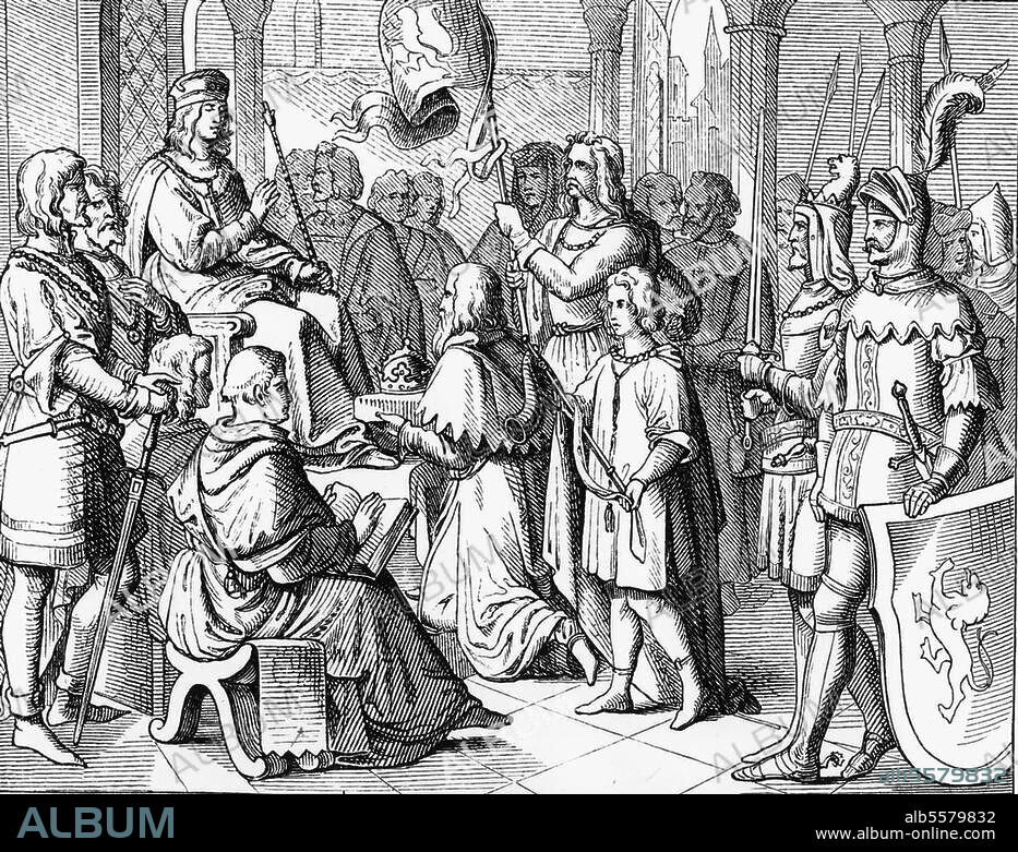 Albrecht III., der Fromme, Herzog von Bayern-München; 1401-1460. "Bayerns Herzog, Albert III., schlägt Böhmens Krone aus" (1440). Holzstich, um 1860, nach Fresko, um. 1830, von Georg Hiltensperger (1806-90). in den Hofgartenarkaden in München.