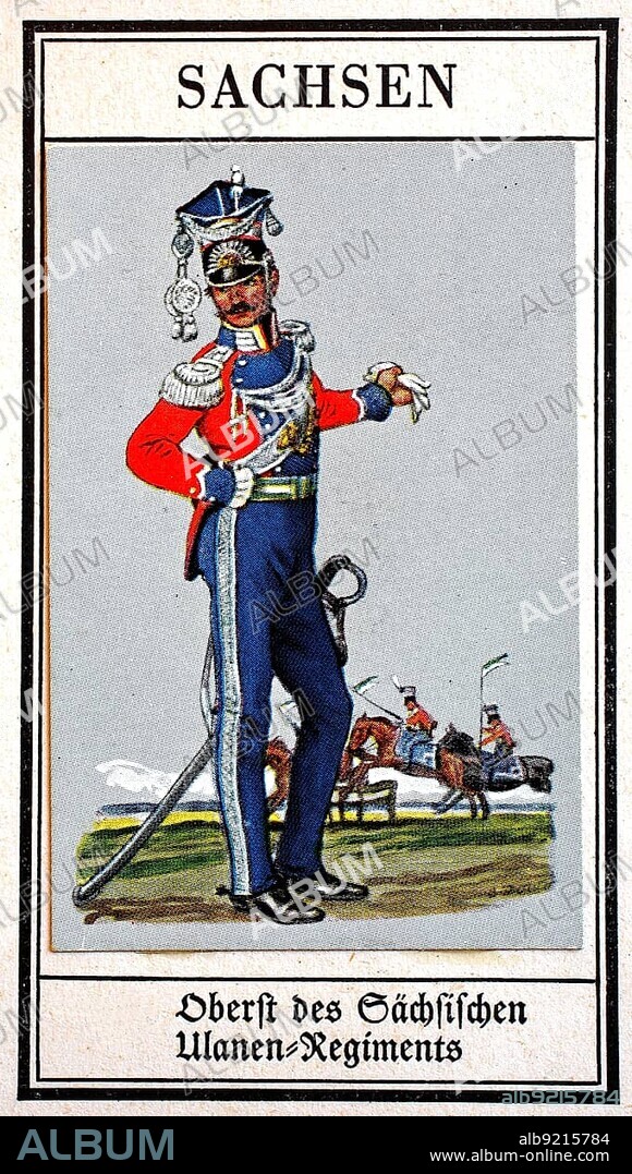 German Uniforms of the 19th century, Lines, Cavalry: Saxony, Colonel of the Saxon Uhlan (Cavalry type armed with carbine) Regiment, Historical, digitally restored reproduction of a public domain collector's image from the early 20th century