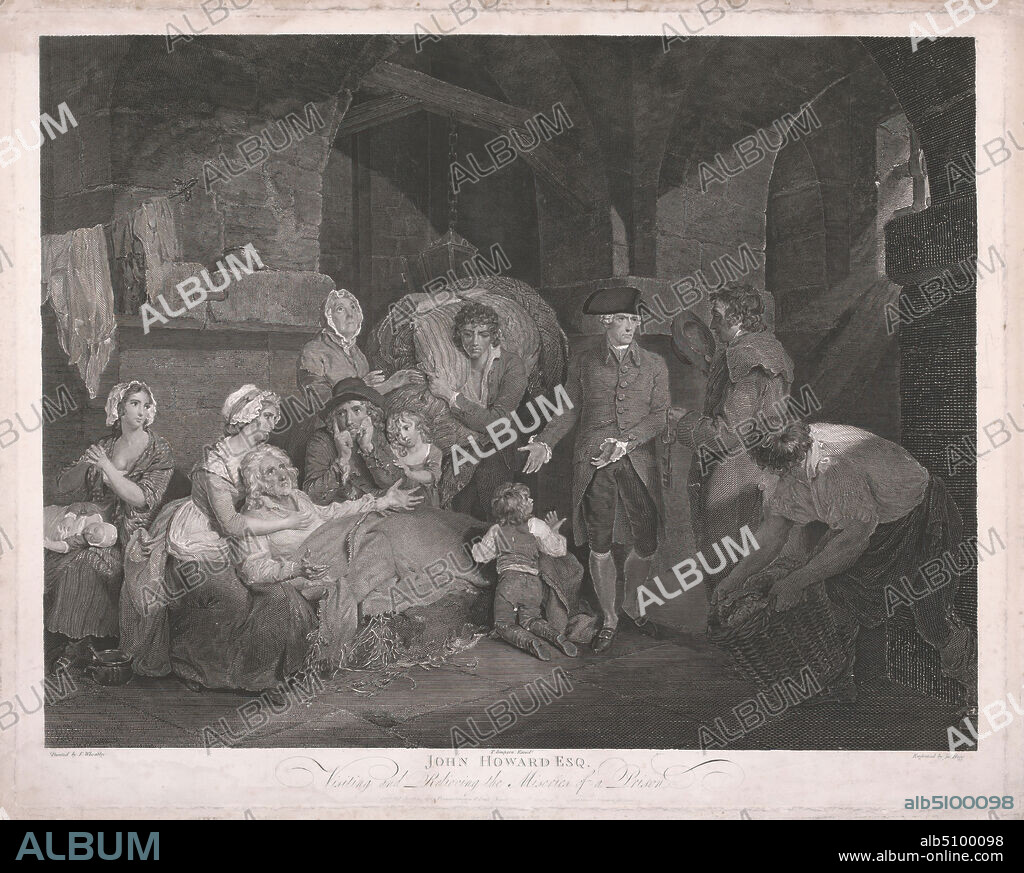 John Howard, Esq. Visiting and Relieving the Miseries of a Prison, Print made by Jacob Hogg, active 1751, British, after Francis Wheatley, 17471801, British, 1790, Etching and engraving on medium, moderately textured, cream wove paper, Plate: 19 1/2 × 24 1/4 inches (49.5 × 61.6 cm), Image: 17 1/4 × 22 5/8 inches (43.8 × 57.5 cm), and Sheet: 20 1/4 × 25 1/4 inches (51.4 × 64.1 cm), correctional institution, genre subject, historical subject, prison.