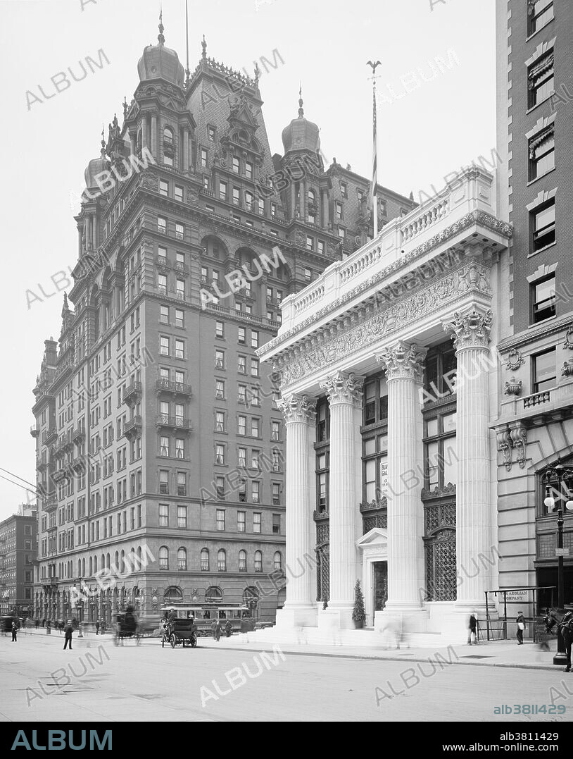 The original Waldorf Hotel opened in 1893 at the corner of Fifth Avenue and 33rd Street. Constructed in the German Renaissance style by Henry Janeway Hardenbergh, it stood 225 feet high, with 15 public rooms and 450 guest rooms. The Astoria Hotel opened in 1897 on the southwest corner of Fifth Avenue and 34th Street. It was also designed in the German Renaissance style by Hardenbergh, at a height of about 270 feet, with 16 stories, 25 public rooms and 550 guest rooms. Connected by the 980 foot long "Peacock Alley" after the merger in 1897, the hotel had 1,300 bedrooms, making it the largest hotel in the world at the time. It was designed specifically to cater to the needs of the wealthy upper crust of NYC and distinguished foreign visitors. It was the first hotel to offer complete electricity and private bathrooms. It was razed in 1929 to make way for construction of the Empire State Building. Photographed by the Detroit Publishing Company, 1902.