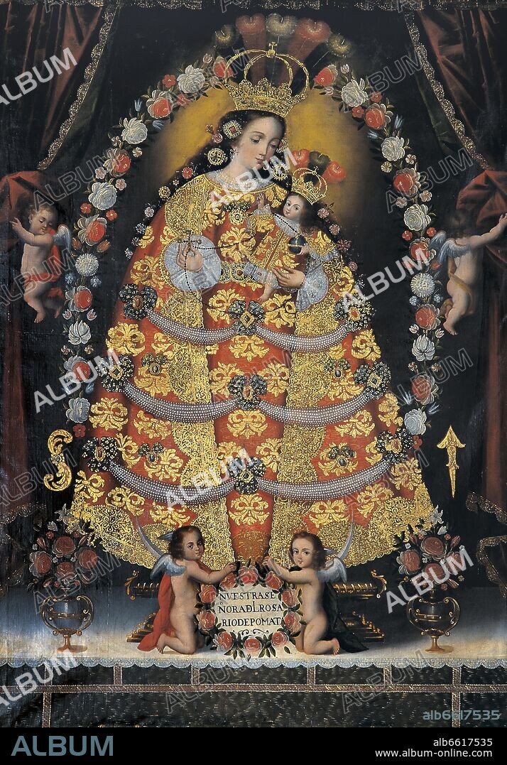ESCUELA CUZQUEÑA DE PINTURA. NUESTRA SEÑORA DEL ROSARIO DE POMATA - SIGLO XVIII - OLEO/LIENZO - 212 x 147,5 cm - ESCUELA CUSQUEÑA.
