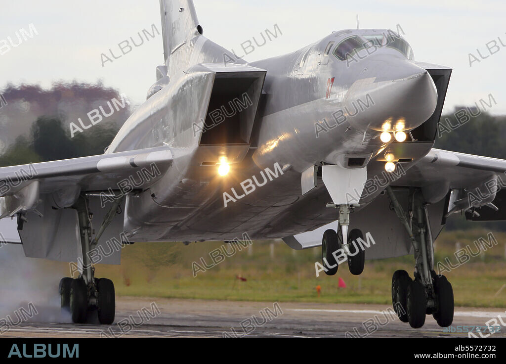 Tupolev Tu-22M-3 strategic bomber of the Russian Air Force landing during Aviadarts 2019 exercise in Russia.