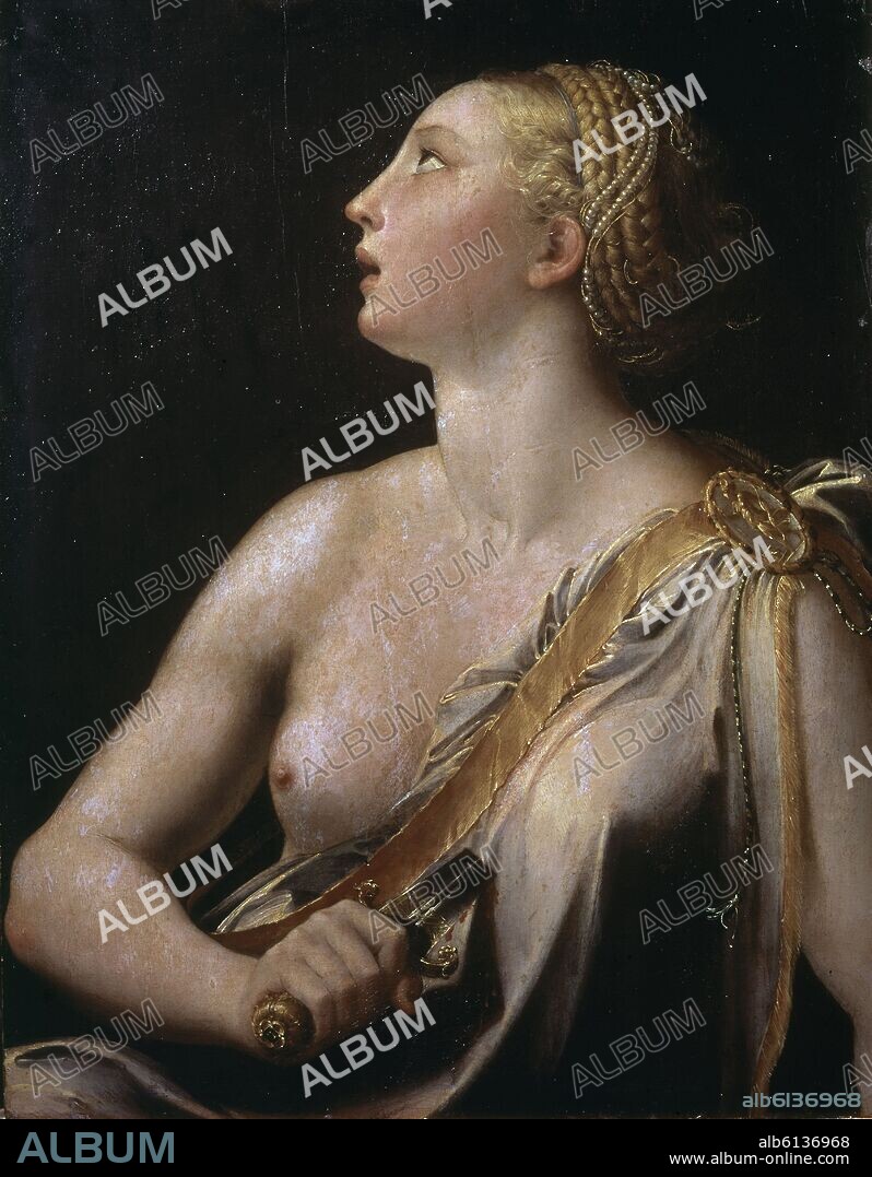 PARMIGIANINO (1503-1540) GIROLAMO MAZZOLA. LUCRECIA (DAMA ROMANA DEL 510 AC - VIOLADA POR SEXTO TARQUINO SE SUICIDA) - SIGLO XVI.