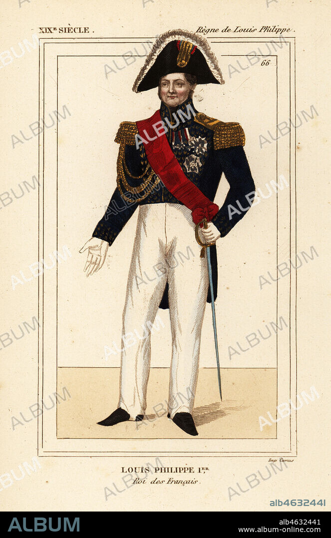 King Louis Philippe I of France 1773-1850. In the uniform of a colonel in the Garde Nationale with grand-cordon bleu sash. Handcoloured lithograph from Le Bibliophile Jacob aka Paul Lacroix's Costumes Historiques de la France (Historical Costumes of France), Administration de Librairie, Paris, 1852.