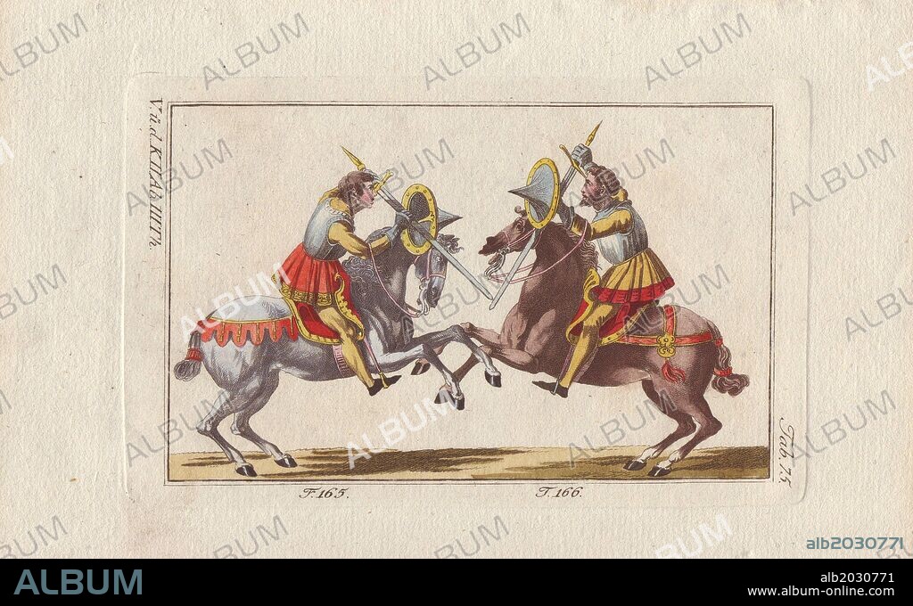 Two knights in armor on horseback fighting a duel with swords in a tourney. Both knights fight with sword and shield but wear no helmets, the most dangerous combat in a tournament.. . Handcolored copperplate engraving from Robert von Spalart's "Historical Picture of the Costumes of the Principal People of Antiquity and of the Middle Ages" (1796).