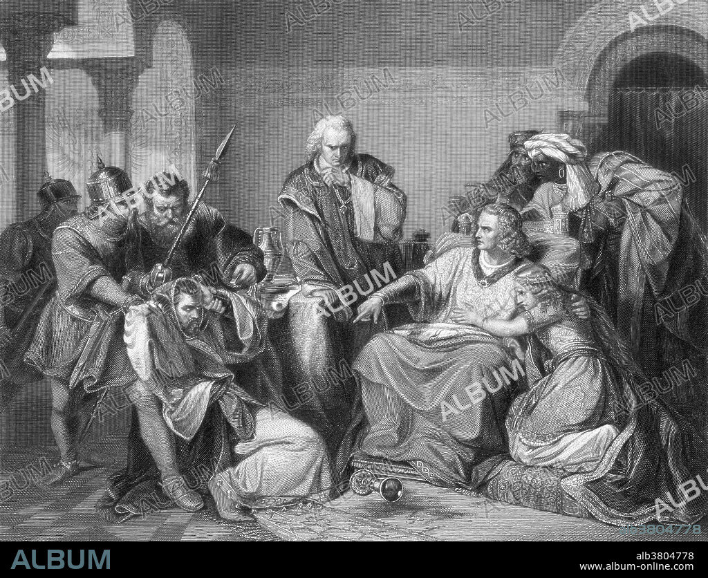 Entitled: "The plot to poison the Emperor Frederic II prevented by his daughter". Historically, Pope Innocent IV set in motion a plot to kill Frederick, with the support of the pope's brother-in-law Orlando de Rossi. The plotters were unmasked by the count of Caserta, and the city of Altavilla, where they had found shelter, was razed. The guilty were blinded, mutilated, and burnt alive or hanged. Frederick II (December 26, 1194 - December 13, 1250) was a Holy Roman Emperor and King of Sicily in the Middle Ages. His political and cultural ambitions, based in Sicily and stretching through Italy to Germany, and even to Jerusalem, were enormous. Speaking six languages (Latin, Sicilian, German, French, Greek and Arabic, Frederick was an avid patron of science and the arts. He played a major role in promoting literature through the Sicilian School of poetry. He was also the first king who explicitly outlawed trials by ordeal as they were considered irrational. He died in 1250, at the age of 55, his line quickly died out and the House of Hohenstaufen came to an end.