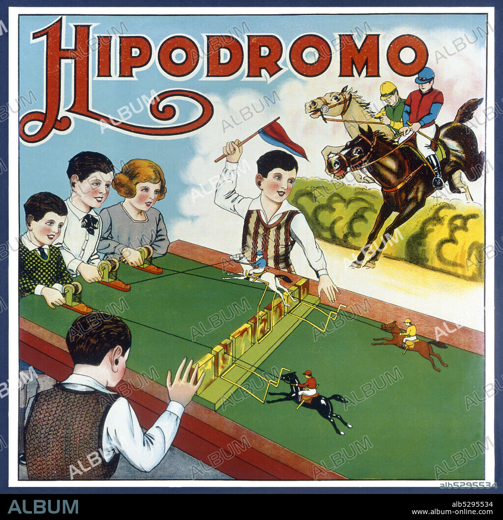 Juguetes de cartón y madera. Caja del juego Hipódromo, fabricado por Juguetes Borrás, de Mataró. Año 1917.