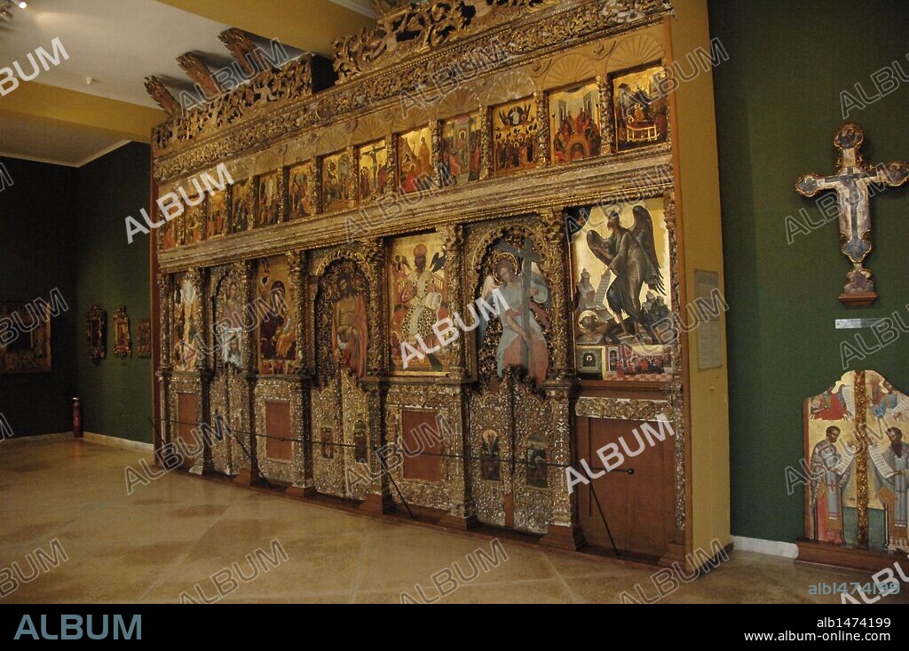 Byzantine Art. Greece. Wooden iconostasis by Angelos Masketis, from the church of Pantocrator, 1683. Byzantine Museum. Zante. Greece.