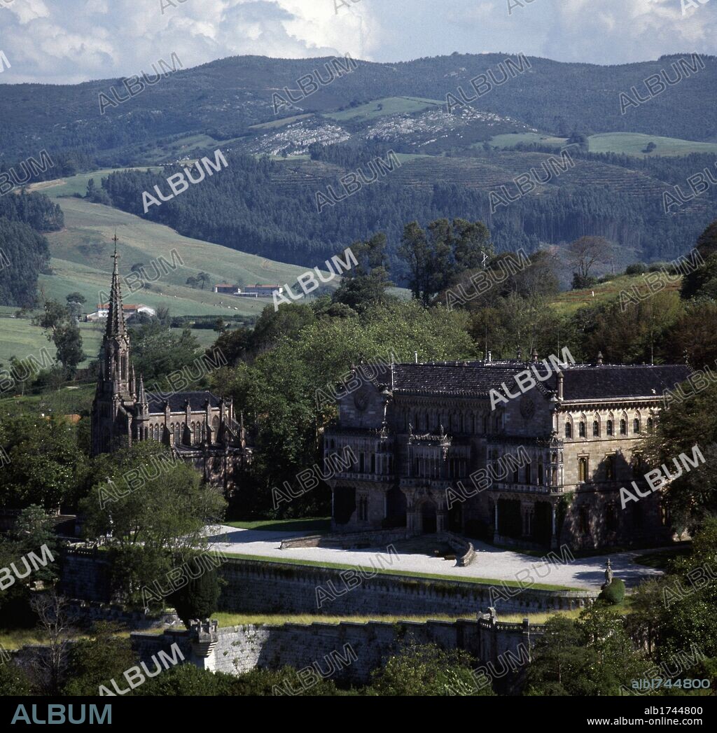Sobrellano Palace. 1881-1890. Neo-Gothic building built by Juan Martorell Montells for the Marquis of Comillas. Overview with the chapel-pantheon of the Marquis of Comillas, to the left. Comillas. Cantabria. Spain.