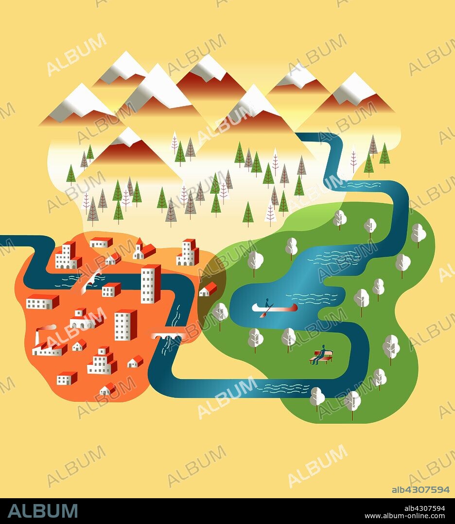 Different environments of city, park and mountains overlapping as venn diagram.