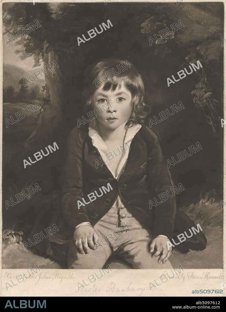 Master Bunbury, Print made by Francis Haward, 17591797, British, after Sir Joshua Reynolds RA, 17231792, British, Published by Francis Haward, 17591797, British, 1781, Mezzotint on thick, slightly textured, cream laid paper, Sheet: 15 x 11 5/16 inches (38.1 x 28.8 cm), Plate: 14 3/4 x 10 15/16 inches (37.4 x 27.8 cm), and Image: 13 1/16 x 10 13/16 inches (33.2 x 27.5 cm), boy, buttons, child, coat, curls, grass, nobleman, portrait, posing, sitting, solemn, trees, woods.