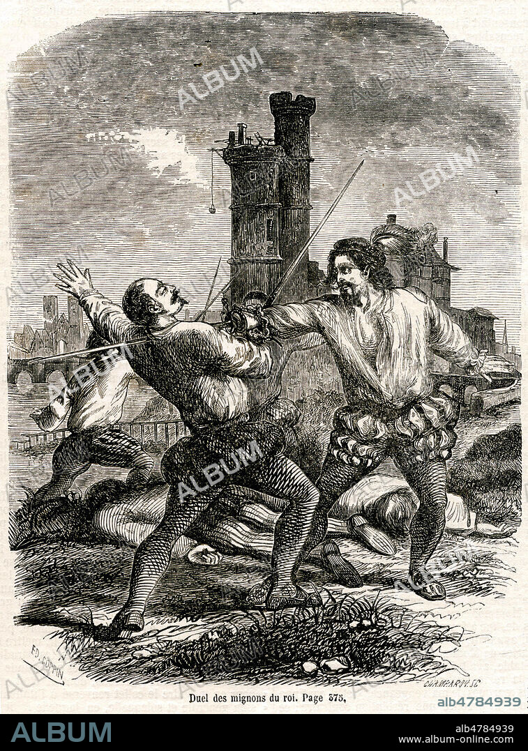 Duel des Mignons du roi HENRI III. Illustration de 1852 par Edmond COPPIN (19 s.) pour Histoire de France par Louis Pierre ANQUETIL (1723-1808). Credit : Collection Jonas/Kharbine-Tapabor.
