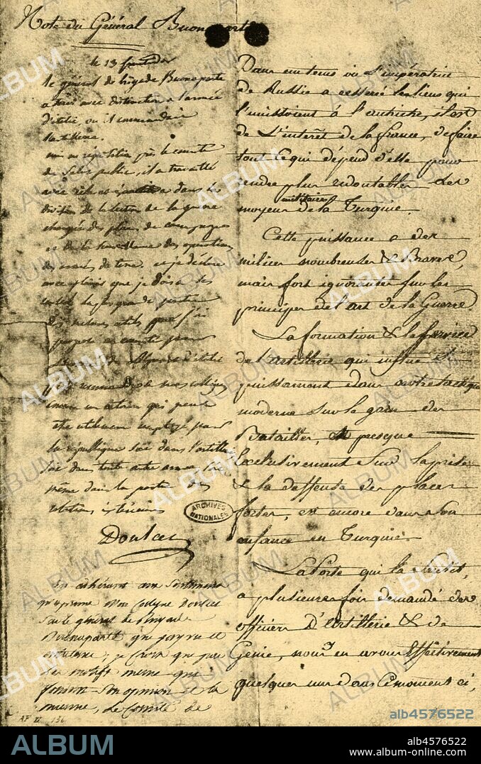 ERSTER KONSUL. Note from General Bonaparte, 13 September 1795, (1921). 'Note du général Bonaparte (27 fructidor an III)'. Document written by Napoleon Bonaparte (1769-1821) on the subject of his eventual mission to Turkey. Facsimile document from "Napoleon", by Raymond Guyot. [H. Floury, Paris, 1921].