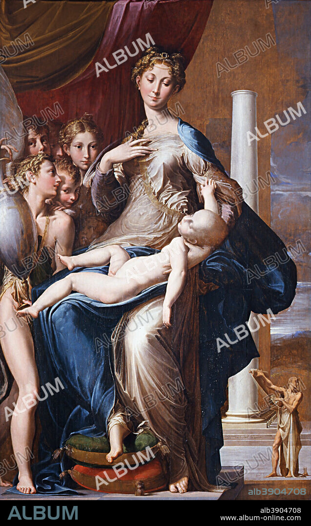 PARMIGIANINO. Madonna dal collo lungo / Madonna and Child with Angels, known as the "Madonna with the Long Neck". Date/Period: From 1534 until 1540. Painting. Oil on panel. Height: 219 cm (86.2 in); Width: 135 cm (53.1 in).
