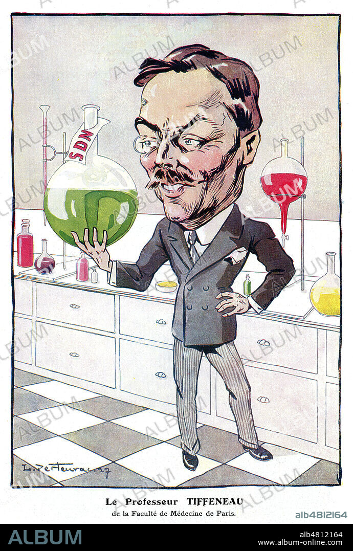 Le professeur Marc TIFFENEAU (1873-1945) de la faculte de Medecine de Paris medite avec espoir sur les reactions internationales apres avoir participe aux Conferences de la SDN. Caricature de L. de FLEURAC (1883-1964) pour Chanteclair d'octobre 1927. Credit : Coll. Jonas/KHARBINE-TAPABOR.