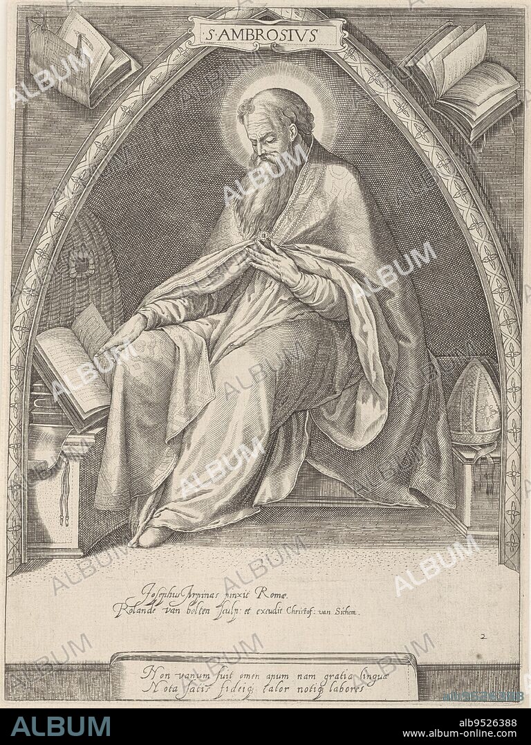 Saint Ambrose, Church Father and Bishop of Milan seated in a church vault. He wears the bishop's robe and his mitre lies beside him on a bench. He is leafing through a book. Before him a beehive and a scourge, the personal attributes of St. Ambrose. The beehive refers to the swarm of bees that sat on his mouth when he was a baby. The scourge (with two buttons) refers to his efforts in eradicating Arianism (in the original print three buttons). The print bears an inscription with Ambrose's name and a Latin caption. The series concerns the four church fathers., Church Father Ambrose The four church fathers (series title), print maker: Roeland van Bolten, (mentioned on object), after: Giuseppe Cesari, (mentioned on object), Jacob Matham, print maker: Zwolle, (possibly), after: Rome, Haarlem, (possibly), publisher: Amsterdam, after 1600 - 1608, paper, engraving, h 291 mm × w 217 mm.