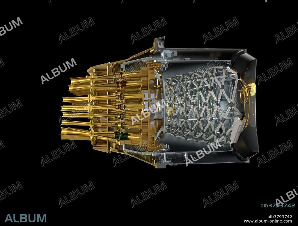 Artwork showing the instruments of the Planck Space Observatory. Launched in 2009, Planck is surveying the Cosmic Microwave Background (CMB), radiation left over from the big bang. Located in the focal plane of the telescope, Planck's Low Frequency Instrument (LFI) and High Frequency Instrument (HFI) are equipped with a total of 74 detectors covering nine frequency channels.