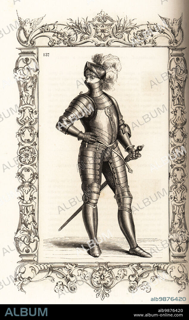 Italian cavalryman in full body armor, 16th century. He wears a visored helm with plume, complete suit of plate armor, with breastplate, cuisses, greaves and gauntlets. He holds a riding crop and sword. Within a decorative frame engraved by H. Catenacci and Fellmann. Woodblock engraving by Gerard Seguin and E.F. Huyot after a woodcut by Christoph Krieger from Cesare Vecellios 16th century Costumes anciens et modernes, Habiti antichi et moderni di tutto il mondo, Firman Didot Ferris Fils, Paris, 1859-1860.