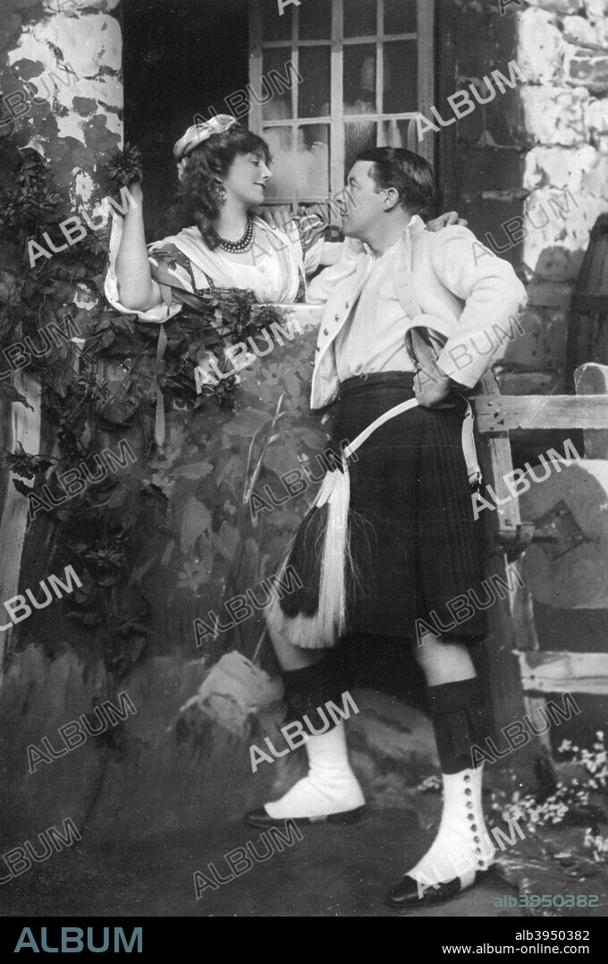 Ellaline Terriss and Seymour Hicks in The Gay Gordons, c1907. Terriss as Peggy Quainton and Hicks as Angus Graeme. Hicks and Terriss married in 1893. They appeared in numerous plays and, later, films together. The Gay Gordons was one of a series of musicals written by Hicks and produced by Charles Frohman in the 1900s. It was first performed in 1907.