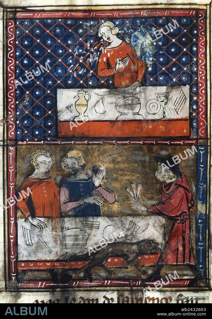 ARTE GOTICO. FRANCIA. SIGLO XIII. "DOCTRINE CHRETIENNE". Miniatura en oro y colores. Hay dos escenas, la primera es una dama ante una mesa dispuesta para convite y vomitando. La segunda es un hombre y una mujer ante otra mesa y otro hombre con sombrero al que se abalanza un perro. Escenas Cotidianas. Folio 102. Biblioteca Universidad de Valencia. Comunidad Valenciana. España.