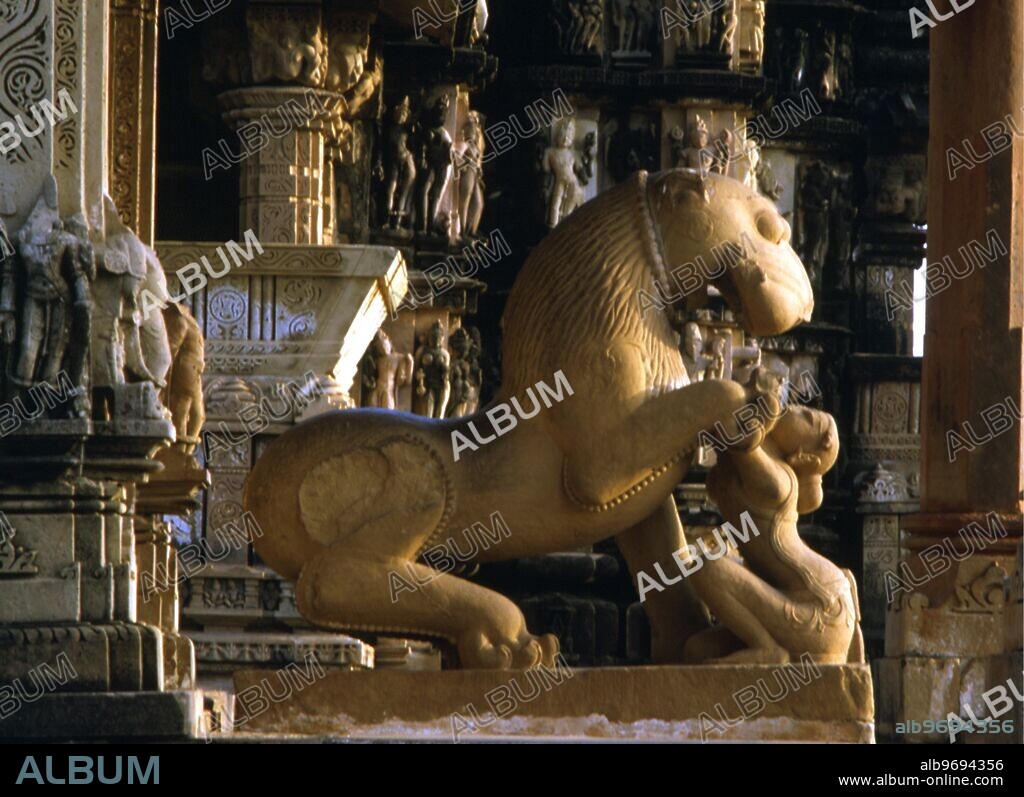 India - Khajuraho. The Temple of the Mahadeva, at Khajuraho. sculptured figure of a horse.