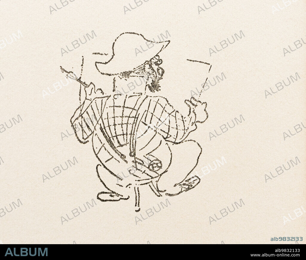 Playful self portrait caricature by Henri Toulouse-Lautrec, 1864 - 1901, French Post-Impressionist artist.
