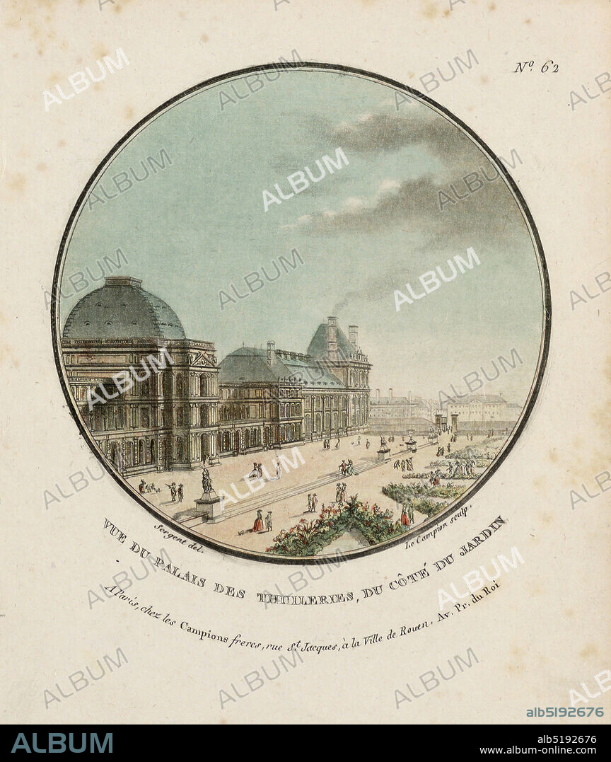 The Tuileries From The Garden, Plate 62 from 'Vues Pittoresques des Princepaux Édifices de Paris', Les Campion Frères, Paris, France, J. A. Campion, French, active 1750 - 1800, Antoine-Louis-François Sergent-Marceau, French, 1751 - 1847, Engraving and brush and watercolors on paper, A façade of the Tuileries Palace, and part of the garden, with figures. Title, artists' and publisher's names below., Europe, Paris, France, 1792, Print, Print.