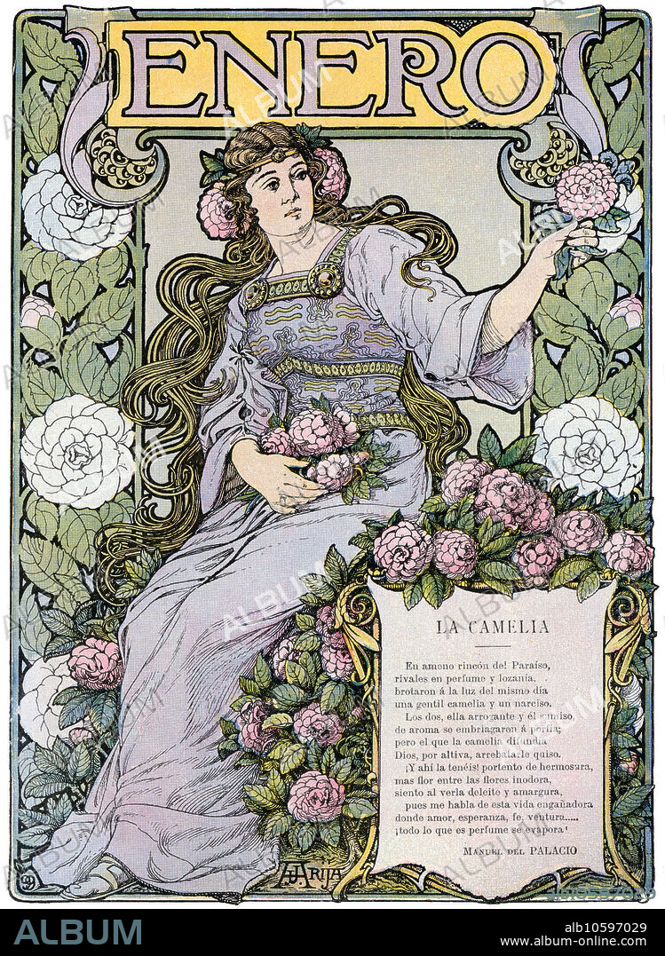 JOSé ARIJA SAIZ. Calendario modernista del mes de Enero de 1900. Camelia. Publicado en el almanaque de la revista Blanco y Negro.