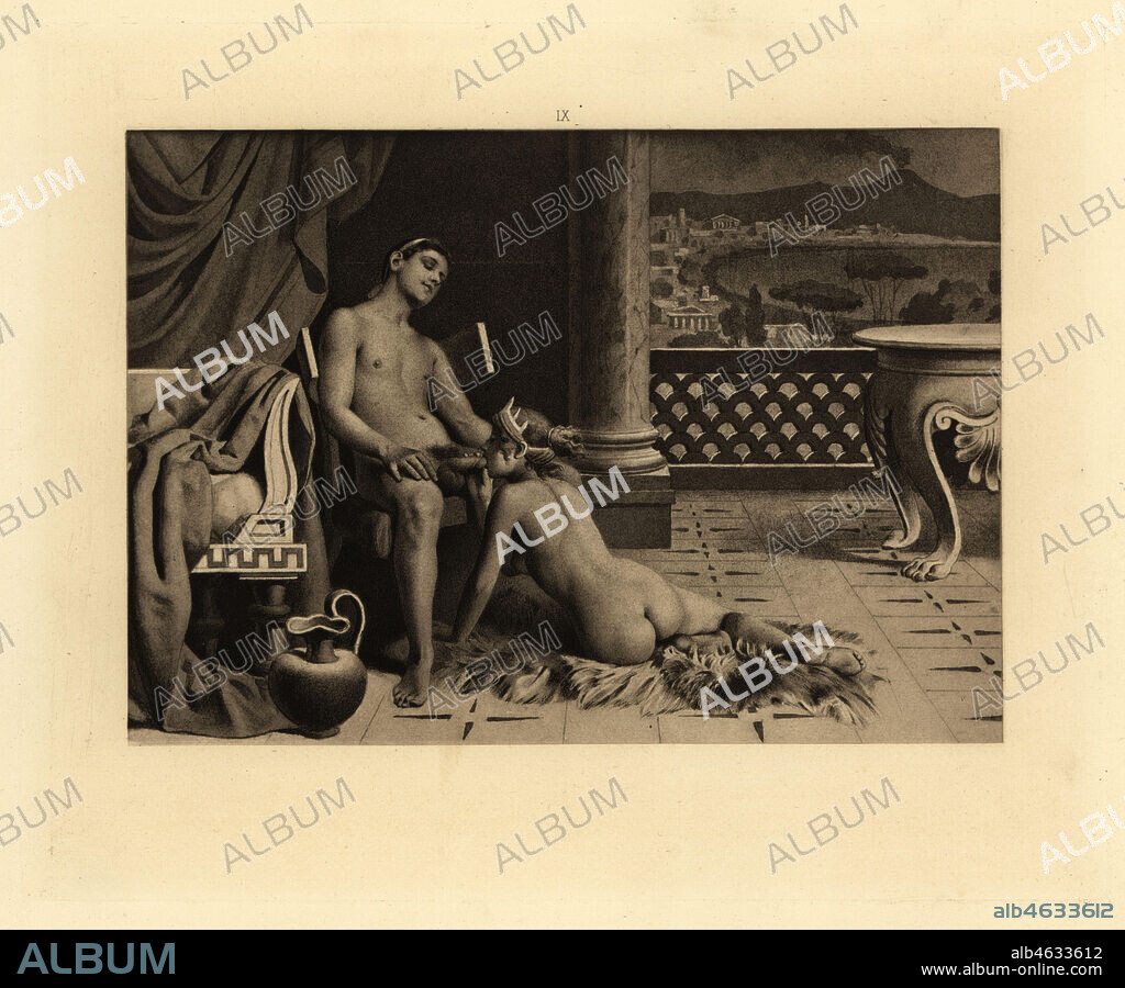 Roman woman in diadem giving fellatio to a man on a chair. Through the window, a volcano Vesuvius can be seen erupting. Aquatint by Theophile Fillon after an illustration by Paul Avril from Friedrich Karl Forbergs Manual of Classical Erotology, Manuel derotologie classique, De Figuris veneris, Charles Hirsch, 1906, translated by Alcide Bonneau (not Isidore Liseaux).
