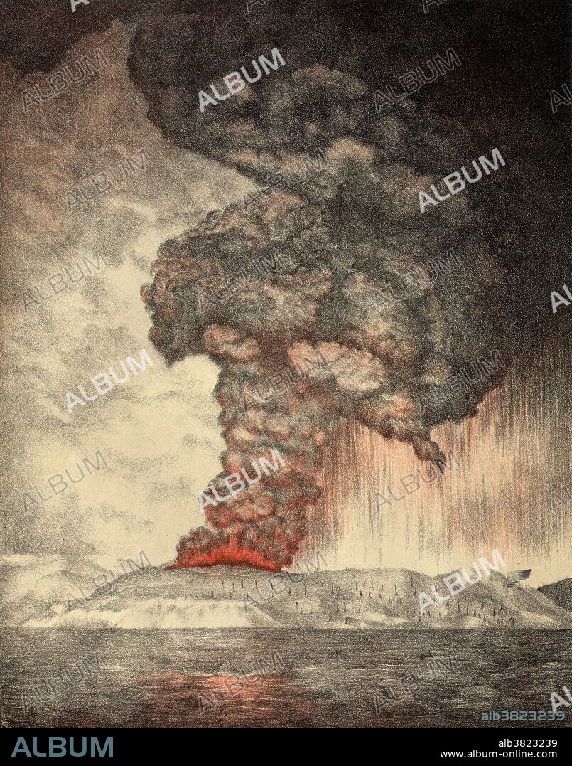The 1883 eruption of Krakatoa in the Dutch East Indies (now Indonesia) began in the afternoon of August 26, 1883 (with origins as early as May of that year) and culminated with several destructive eruptions of the remaining caldera. On August 27, two thirds of Krakatoa collapsed in a chain of titanic explosions, destroying most of the island and its surrounding archipelago. It was one of the deadliest and most destructive volcanic events in recorded history, with at least 36,417 deaths being attributed to the eruption itself and the tsunamis it created. Lithograph published as Plate 1 in The eruption of Krakatoa, and subsequent phenomena. Report of the Krakatoa Committee of the Royal Society, 1888.