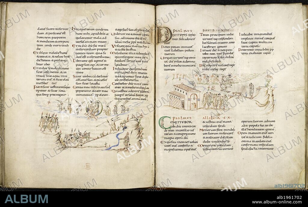 Double-page spread from Harley Psalter with pen drawings. Psalter (Harley Psalter). England, S. E. (Canterbury). Psalter, in the Roman version, imperfect, ending in Psalm 143 (the 'Harley Psalter') England, S. E. (Canterbury); 1st half of the 11th century. Source: Harley 603 ff.56v-57. Language: Latin.