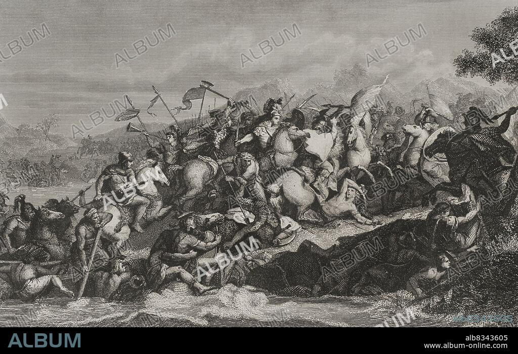 ANTONIO ROCA SALLENT (1813-1864). SPANISH ENGRAVER.. Batalla del Gránico (mayo del 334 a.C.). El rey macedonio Alejandro Magno derrotó a los persas. Grabado por A. Roca basado en la pintura de Charles Lebrun. Historia Universal, por César Cantú. Tomo I, 1854.