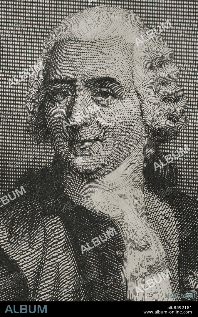 CHARLES GEOFFROY (1819-1882). FRENCH ENGRAVER.. Carl von Linneo (1707-1778). Médico y botánico sueco. Estableció la nomenclatura por la que todo ser vivo es designado por sus dos nombres latinos, el del género y el de la especie. Retrato. Grabado por Geoffroy. Detalle. Historia Universal, por César Cantú. Tomo VI. 1857.
