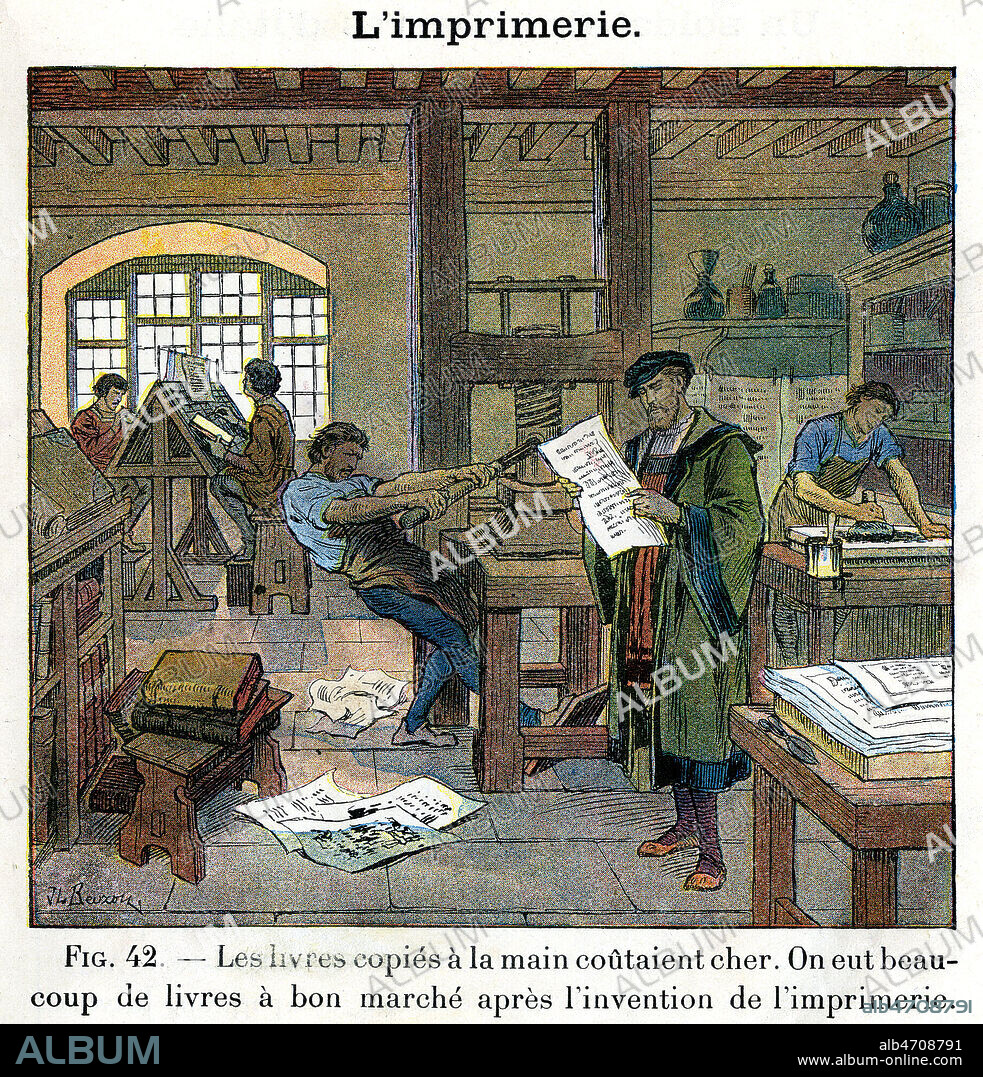 Les livres copies a la main etaien chers. On eut beaucoup de livres a bon marche apres l'invention de l'imprimerie. Illustrations de 1933 par J. L. BEUZON (19 s.) par Histoire de France de A. AYMARD. Credit : Collection Jonas/KHARBINE-TAPABOR.